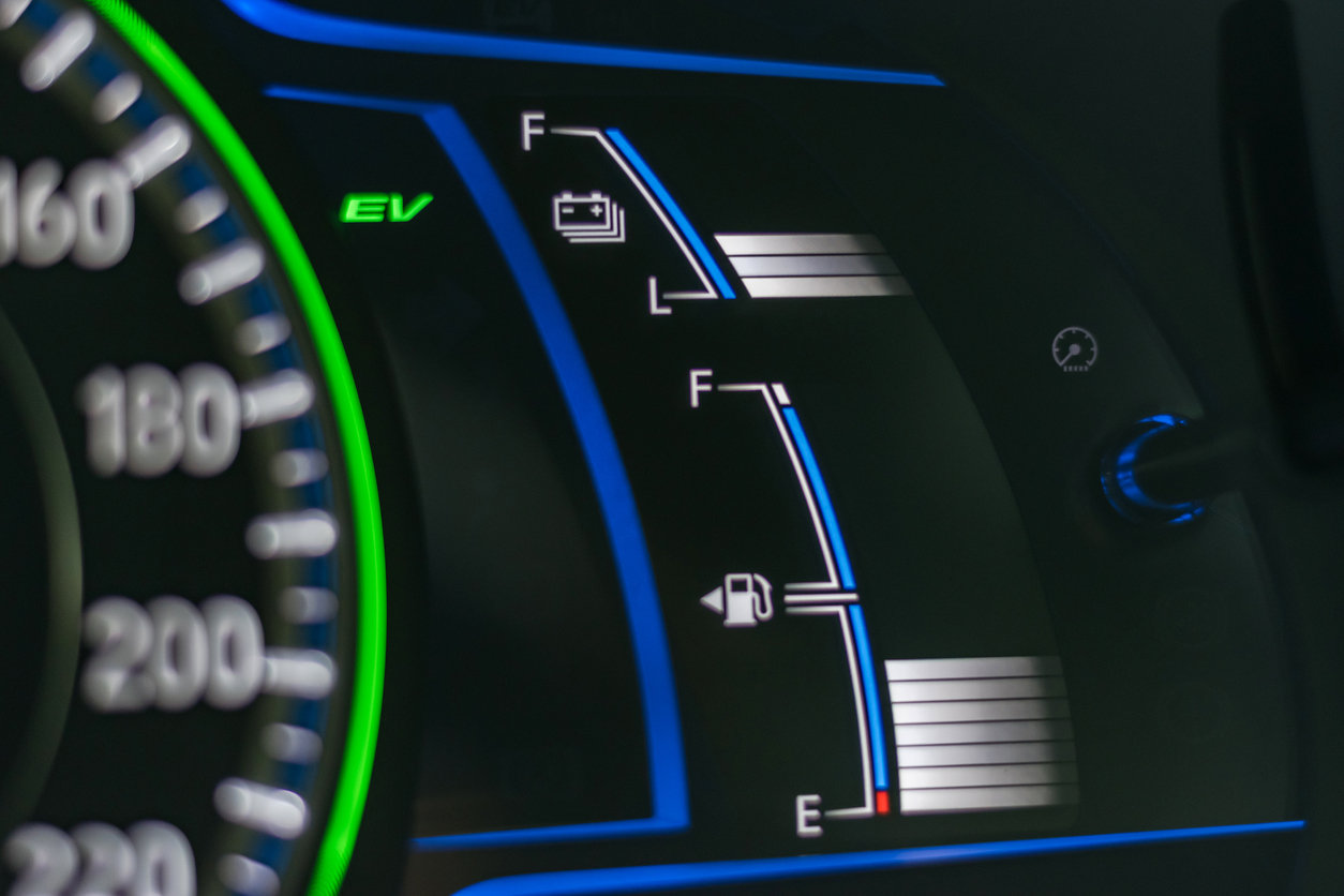 Hybrid car dashboard of dual power mode vehicle driving system, eco EV electrical charging battery and fuel engine of innovative automobile technology in transportation industry